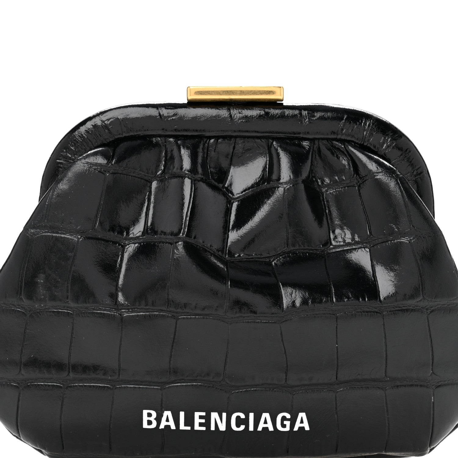 Shiny Supple Calfskin Logo Crocodile Embossed Cloud Coin Purse Black White