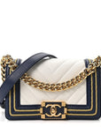 Calfskin Chevron Quilted Braided Small Boy Flap White Navy