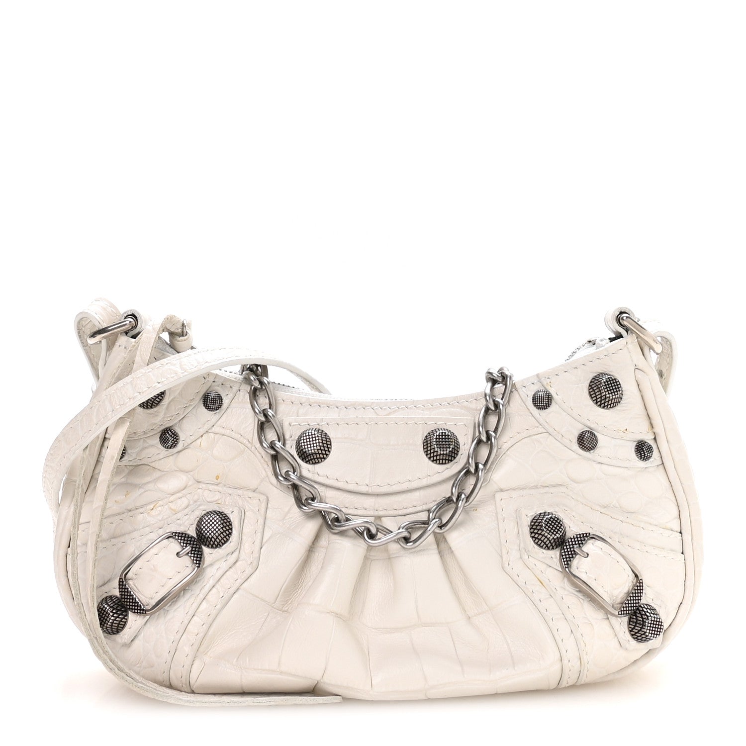 Extra Supple Calfskin Crocodile Embossed Le Cagole Mini Purse With Chain White