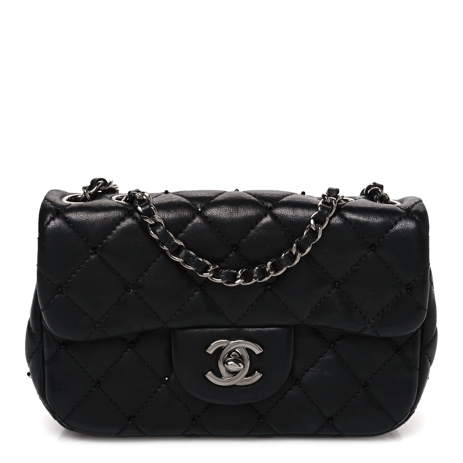 Lambskin Quilted Beaded Extra Mini Rectangular Flap Black