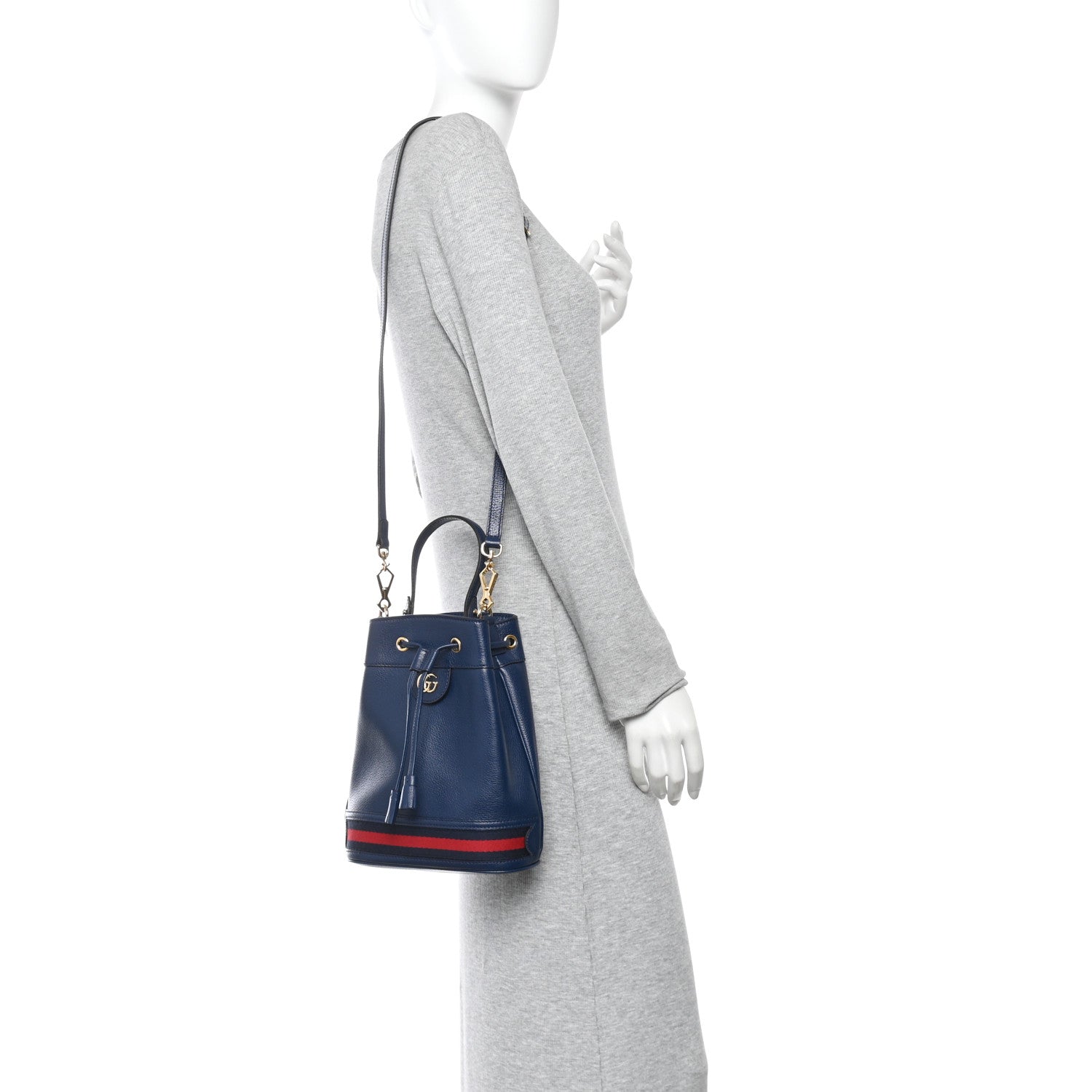 Glazed Textured Calfskin Web Small Ophidia Bucket Bag Blue Agata