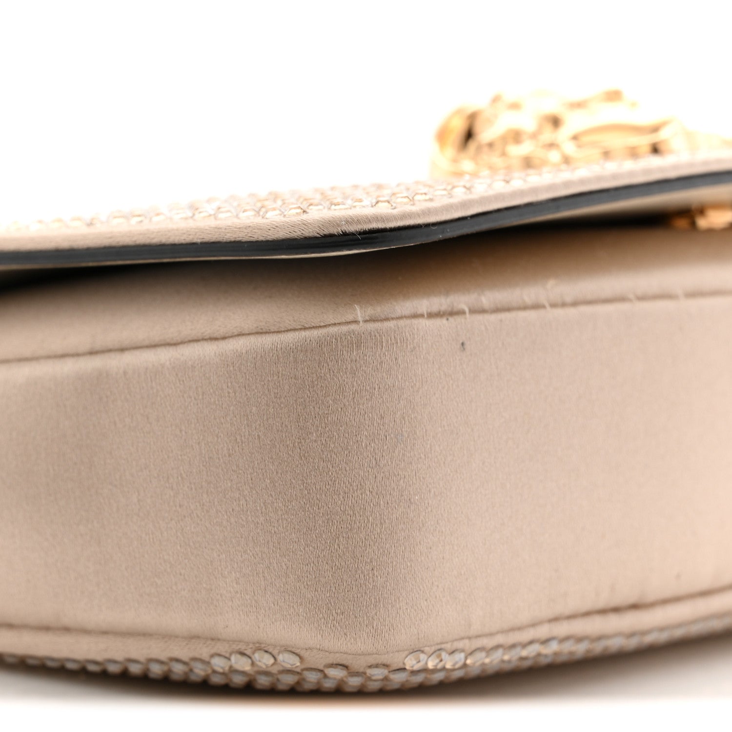 Satin Crystal Medusa Chain Clutch Beige