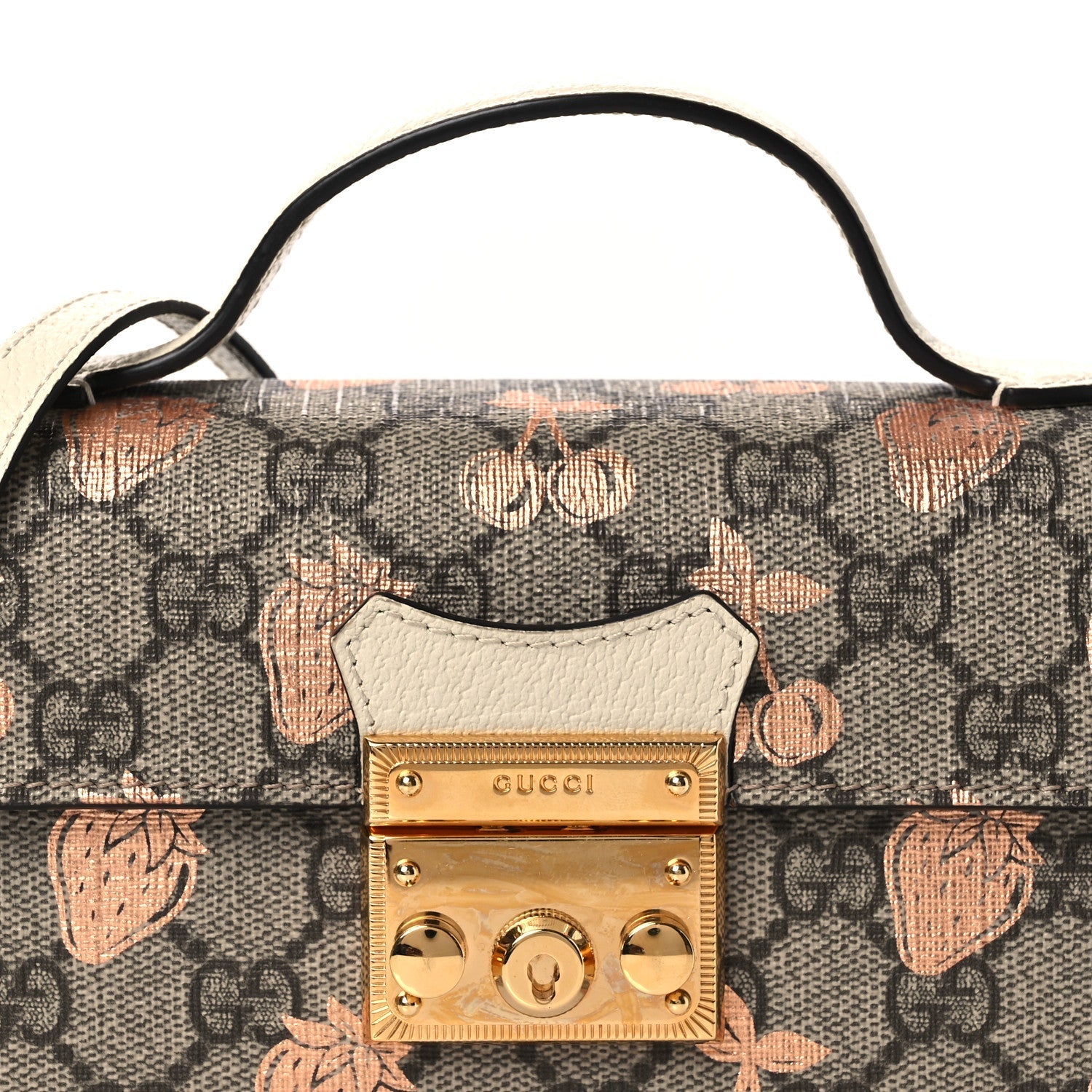 GG Supreme Monogram Berry Textured Dollar Calfskin Mini Padlock Top Handle Shoulder Bag Beige Ebony Light Copper Mystic White