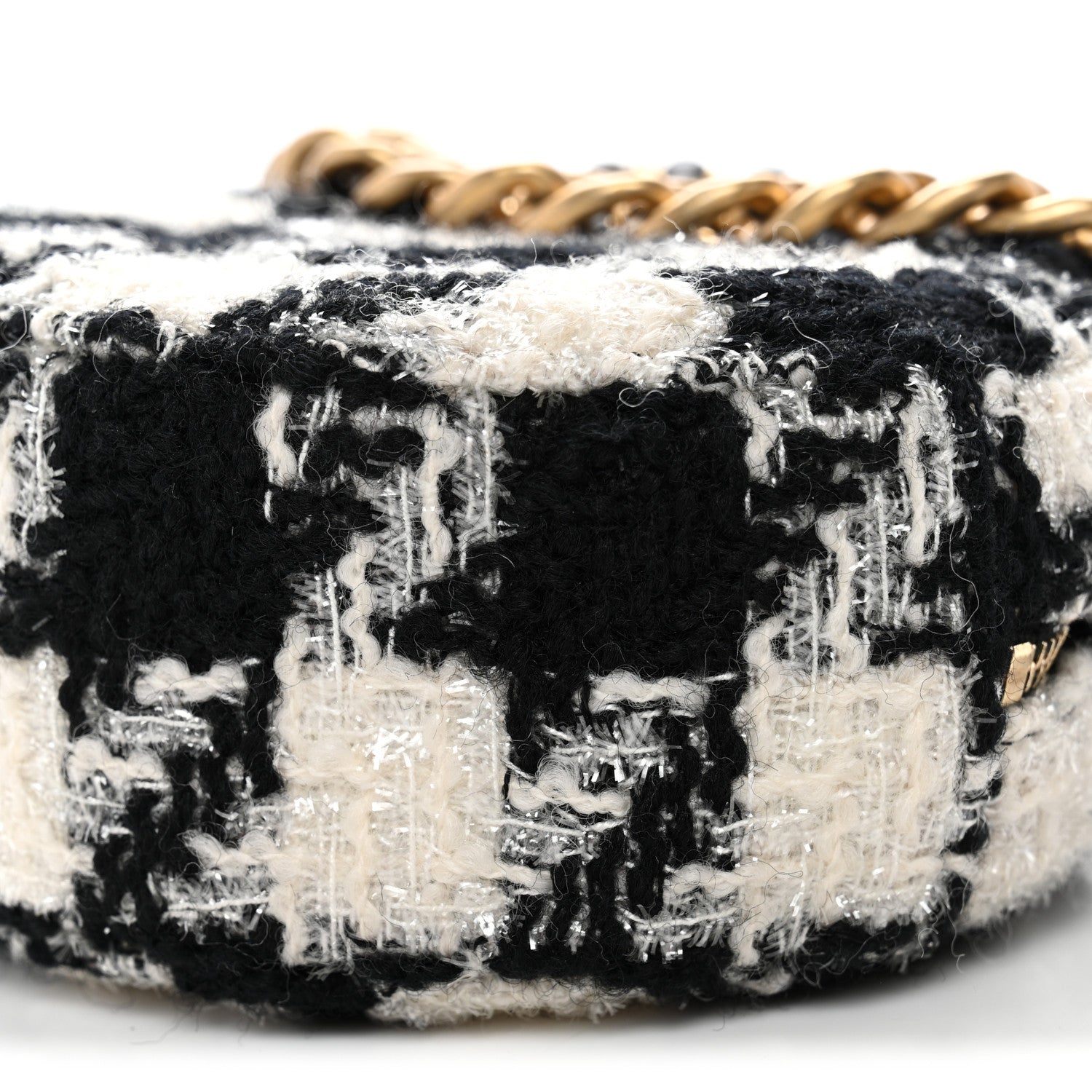 Wool Tweed Lambskin Quilted CHNL 19 Round Clutch With Chain and Coin Purse Black White