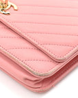 Lambskin Chevron Quilted Trendy CC Wallet On Chain WOC Pink
