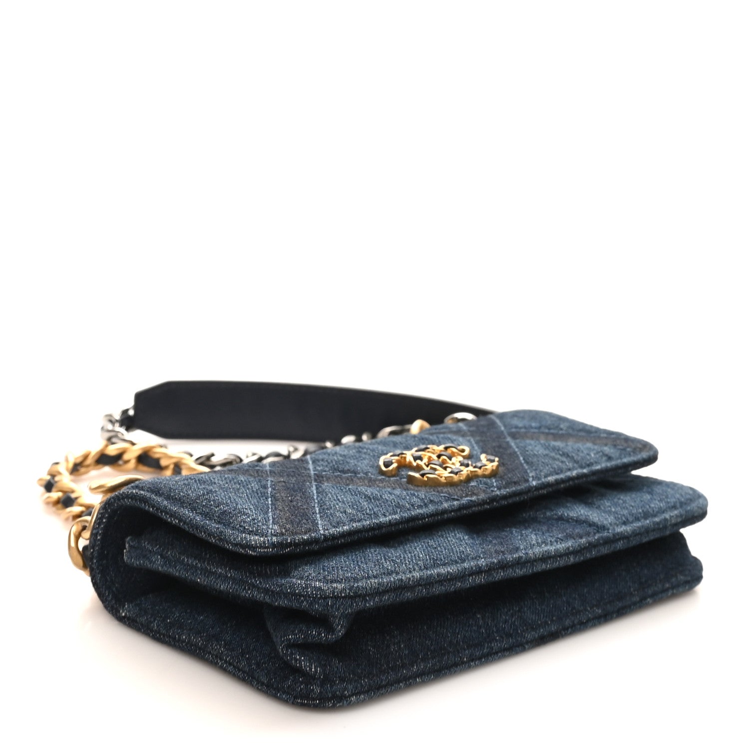 Denim Quilted CHNL 19 Flap Phone Holder With Chain Blue