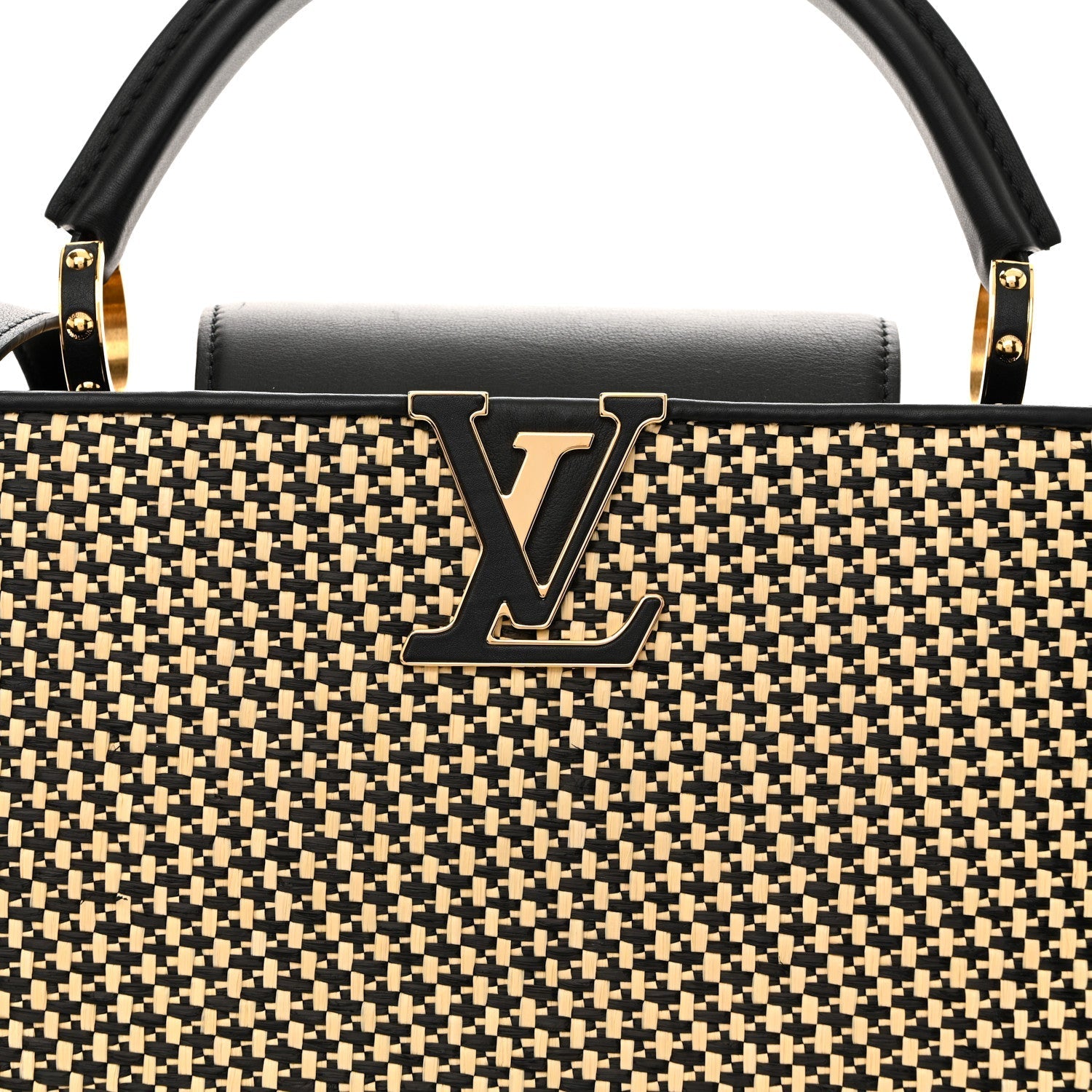 Raffia Calfskin Capucines MM Black Ecru