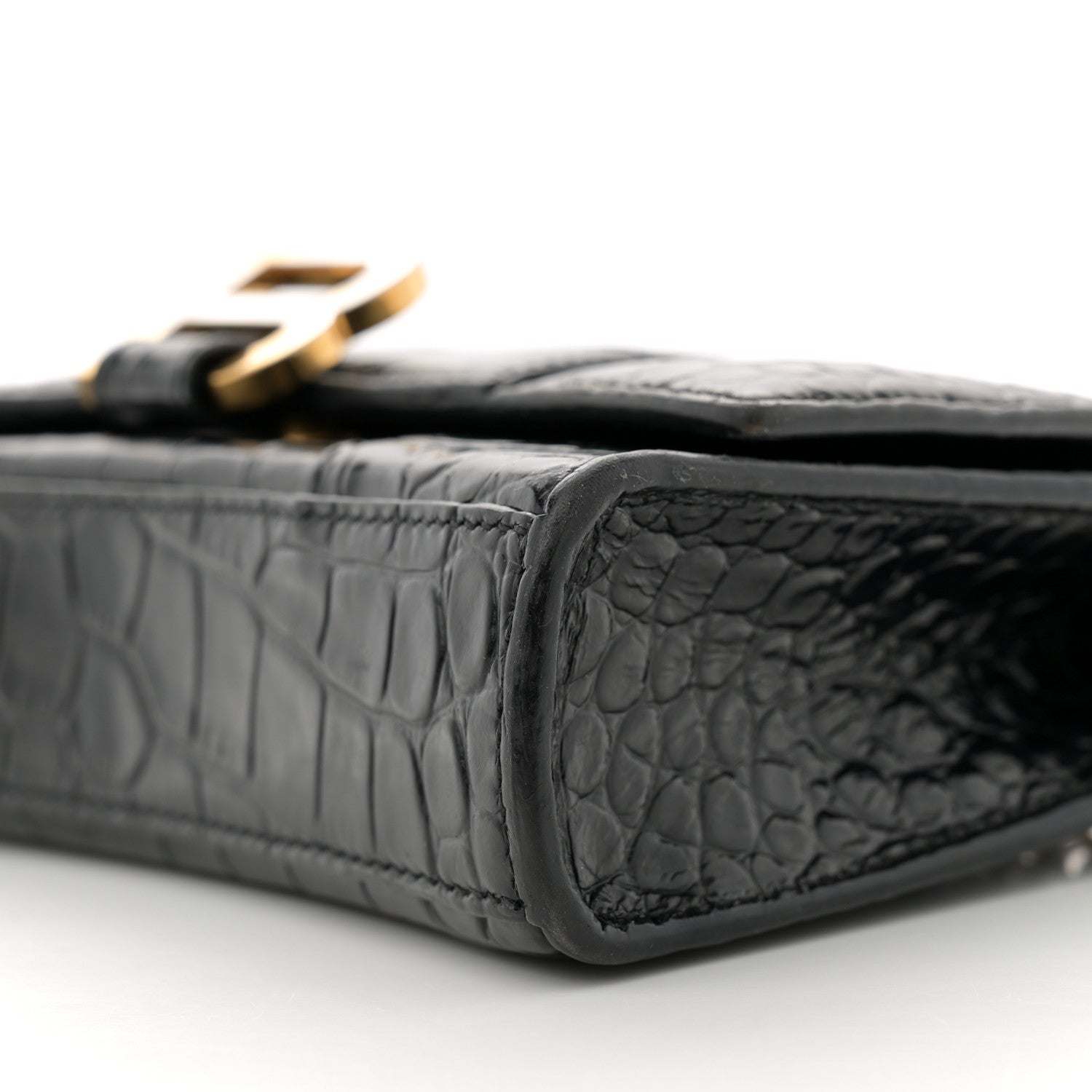 Shiny Calfskin Crocodile Embossed Hourglass Chain Bag Black