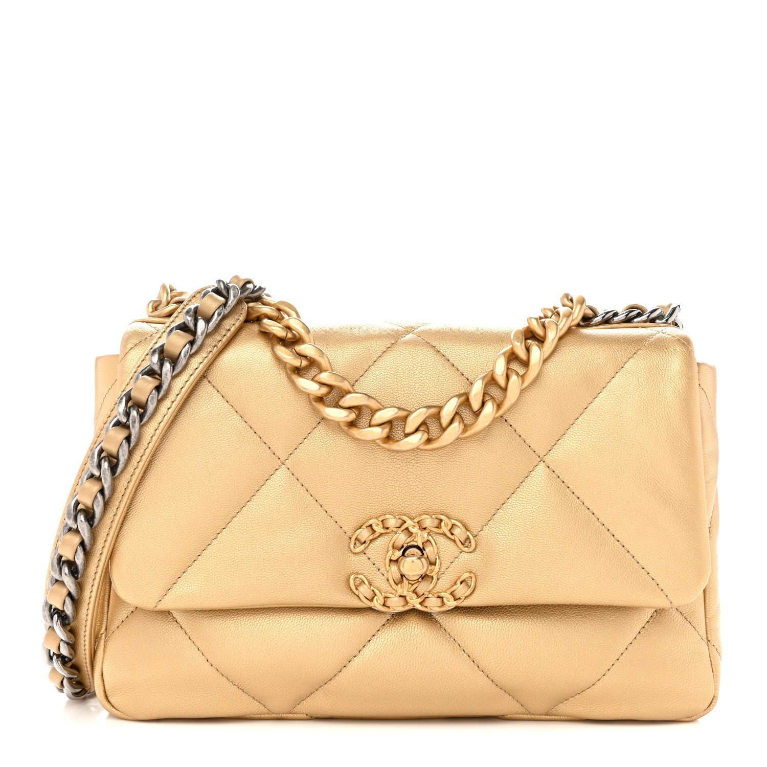 Metallic Goatskin Quilted Medium CHNL 19 Flap Gold