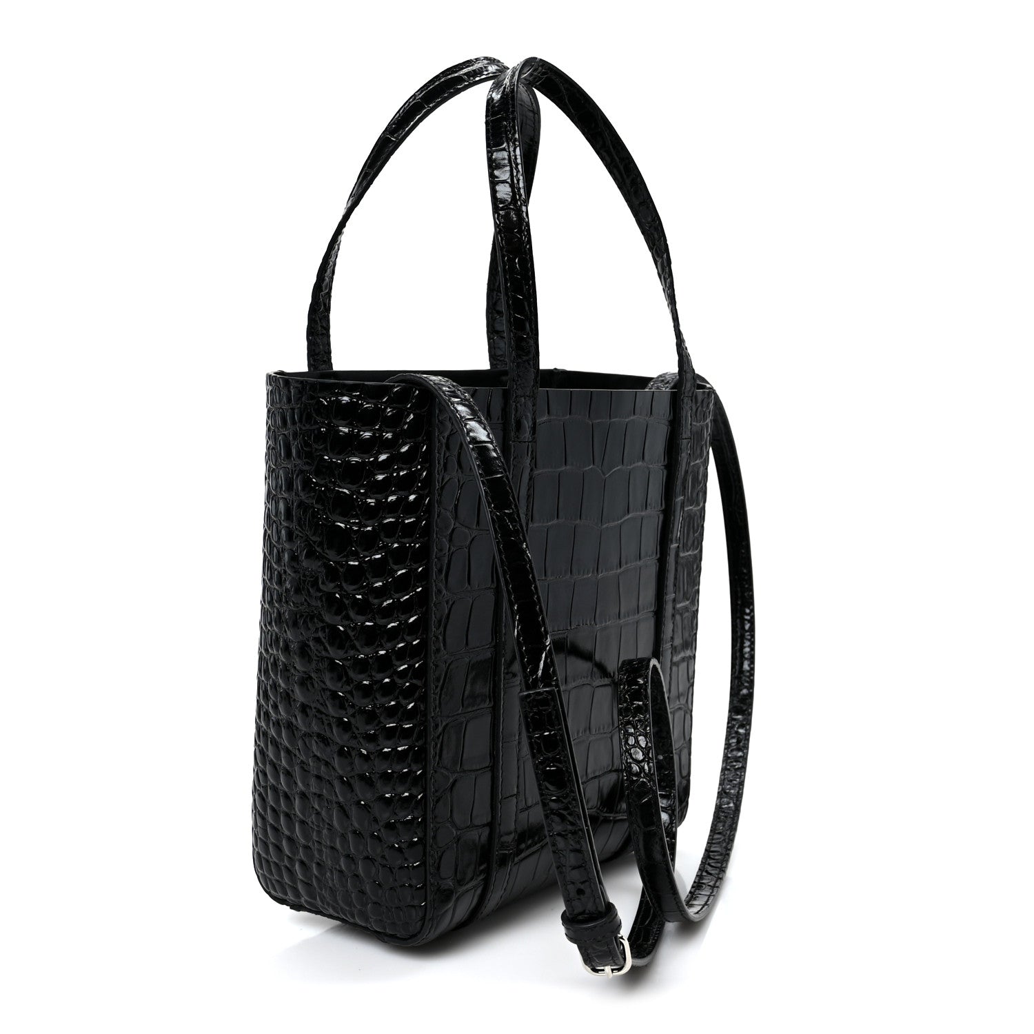 Shiny Calfskin Logo Crocodile Embossed XXS Everyday Tote  Black