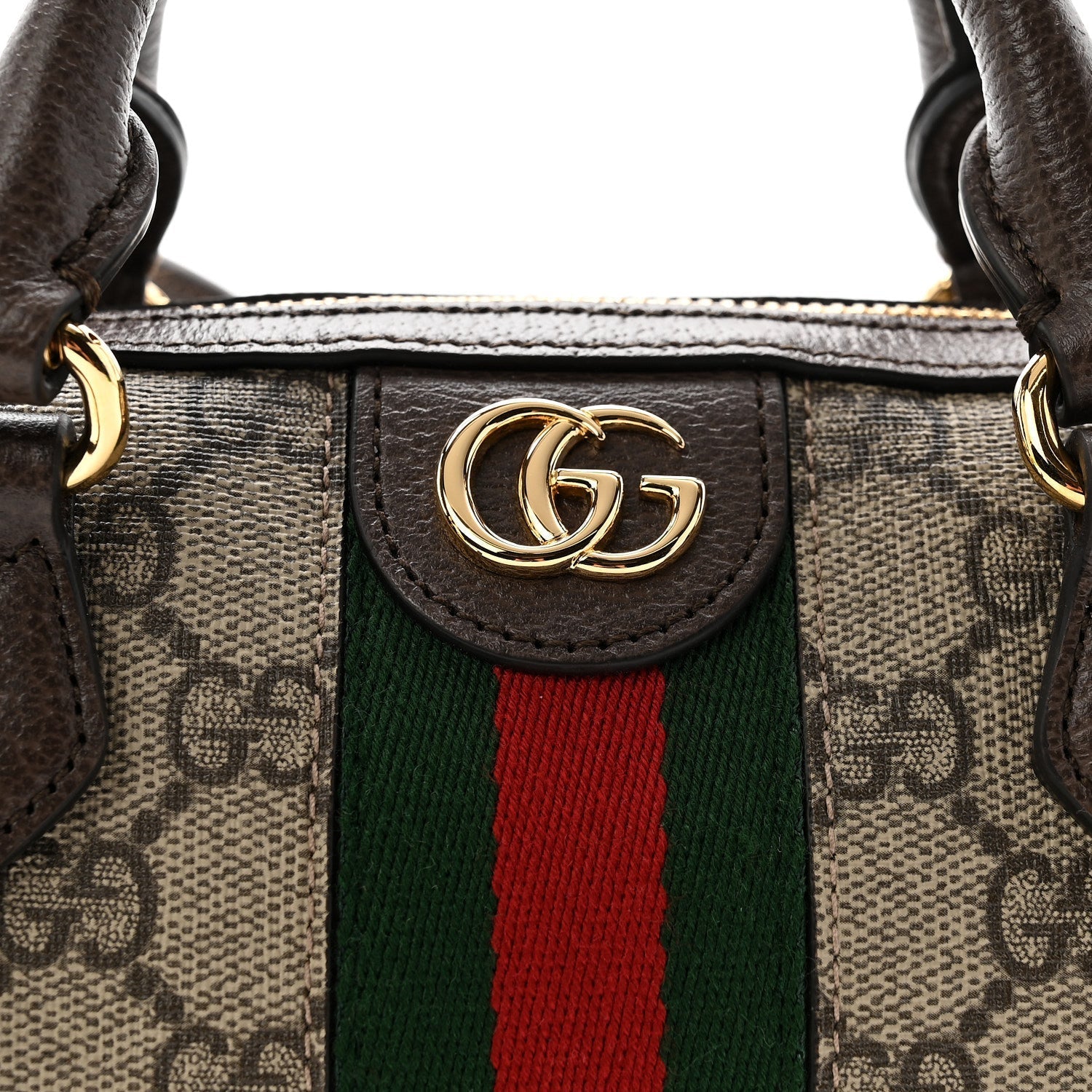 GG Supreme Monogram Textured Dollar Calfskin Web Super Mini Ophidia Top Handle Bowler Bag Beige Ebony New Acero