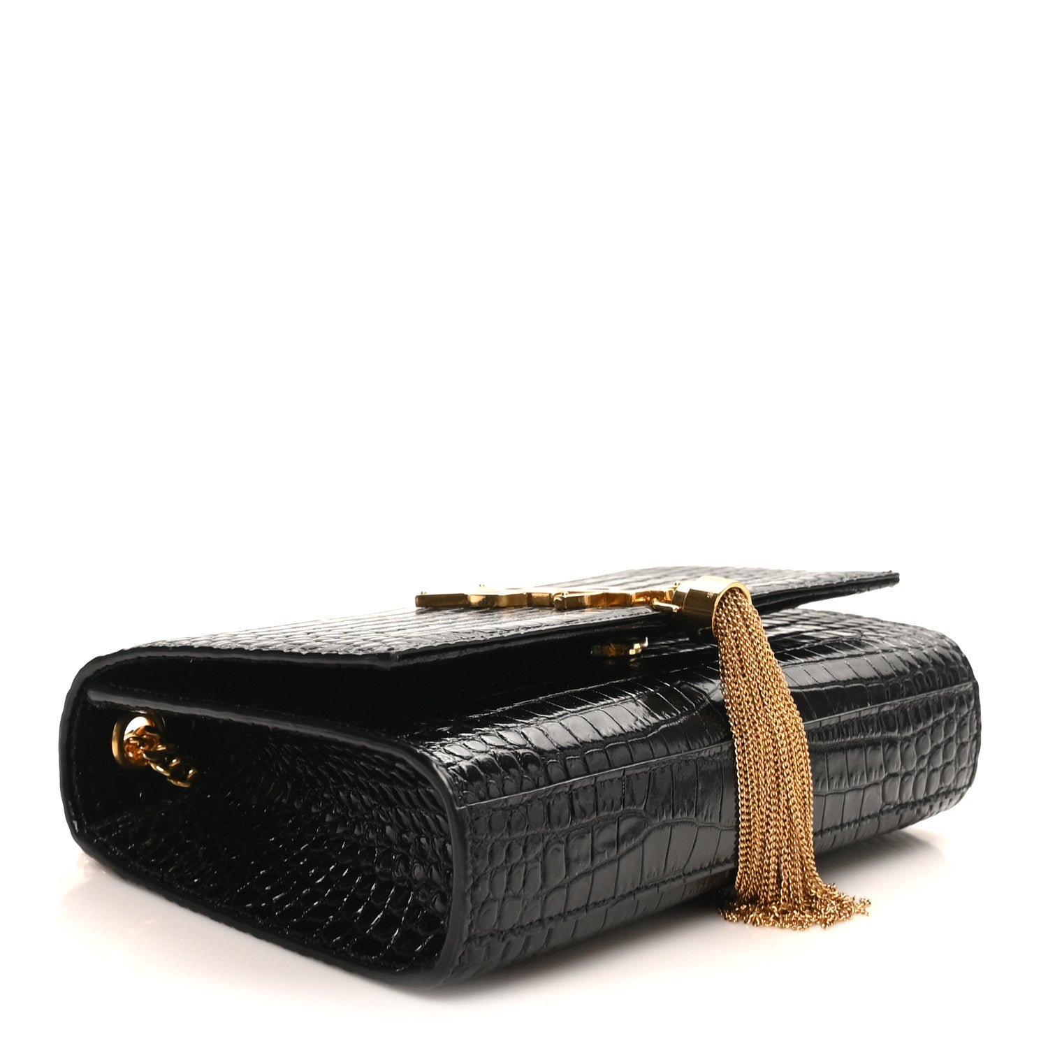 Calfskin Crocodile Embossed Small Classic Monogram Kate Tassel Satchel Black