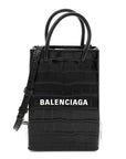 Calfskin Crocodile Embossed Logo Shopping Phone Holder Bag Black