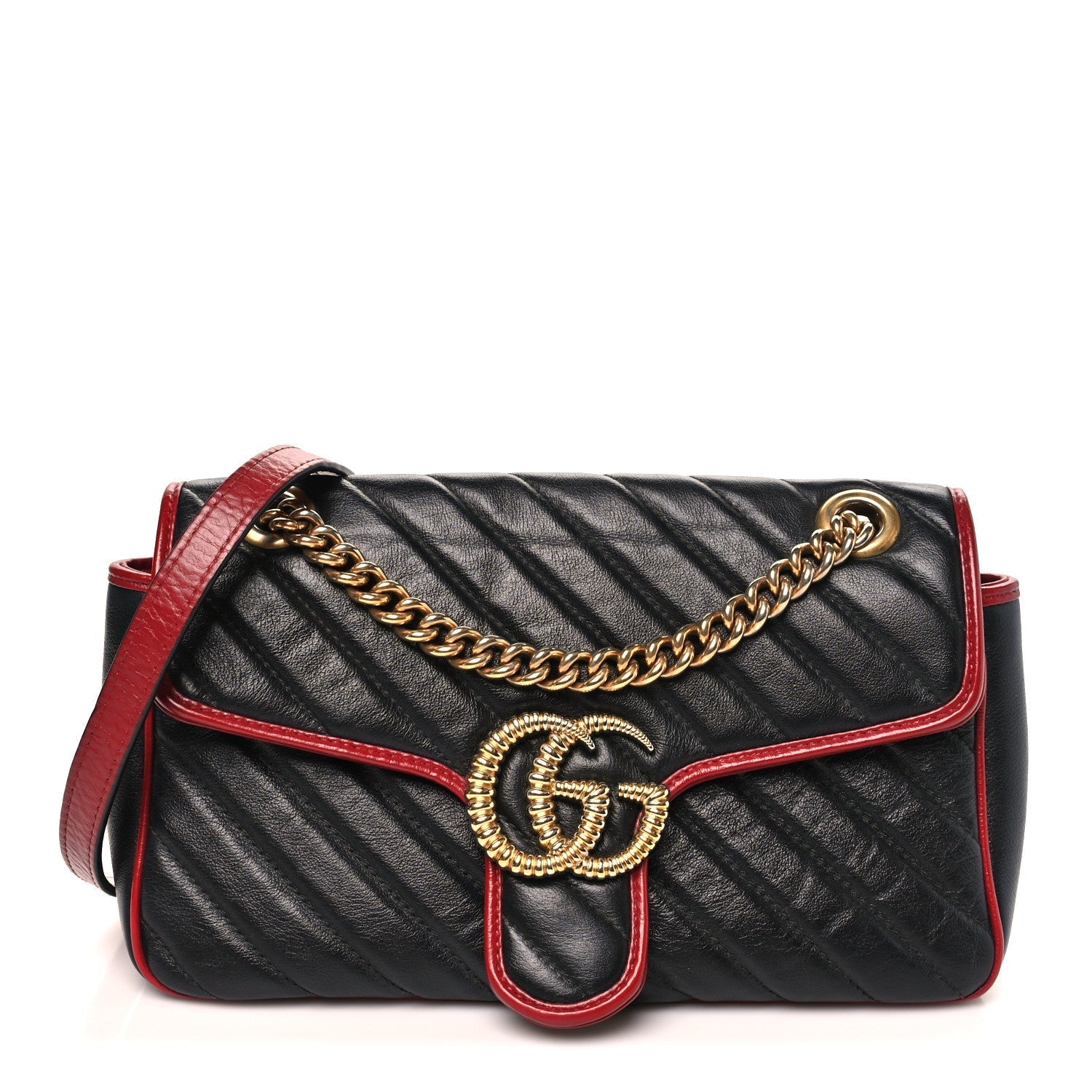 Vintage Effect Calfskin Matelasse Diagonal Small Torchon GG Marmont Shoulder Bag Black Romantic Cherry