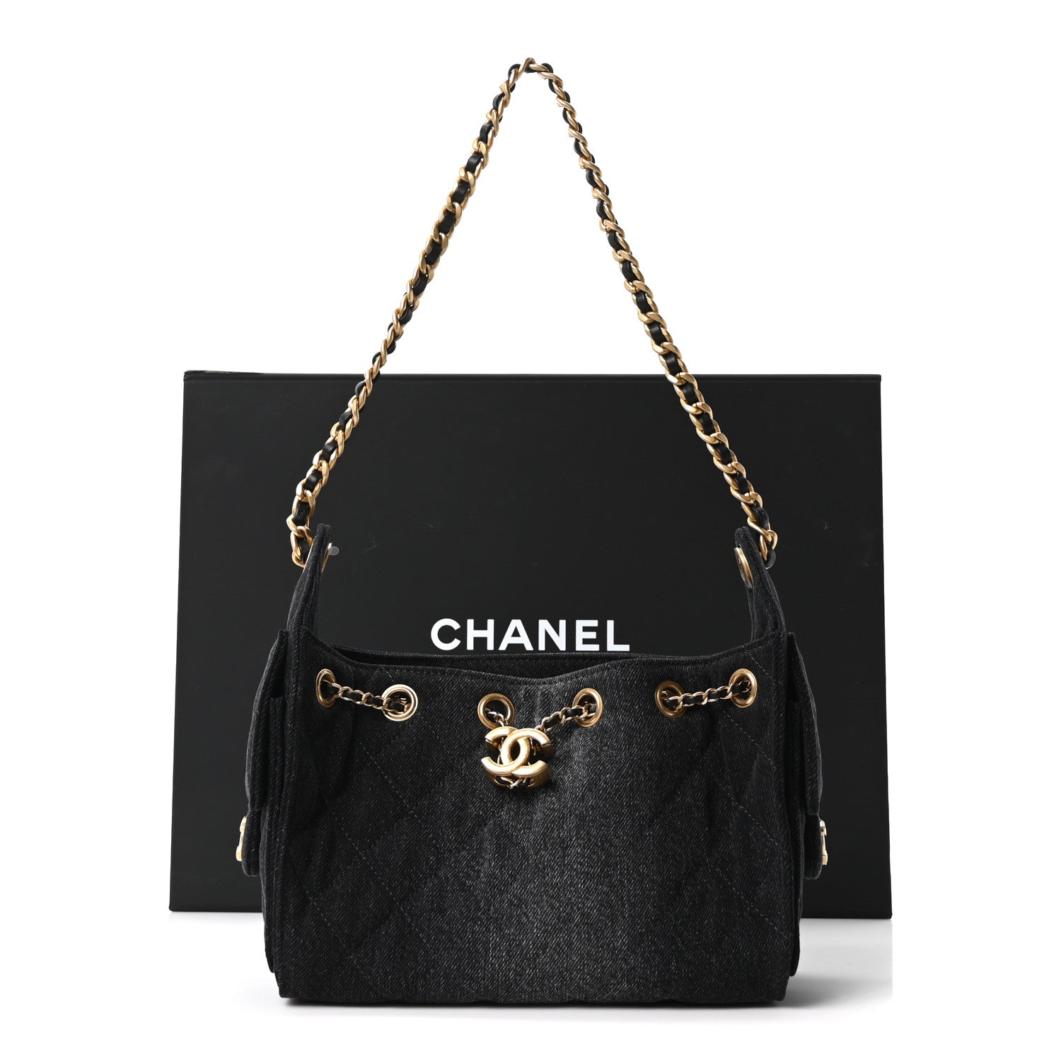 Washed Denim Quilted Mini CHNL 25 Handbag Black