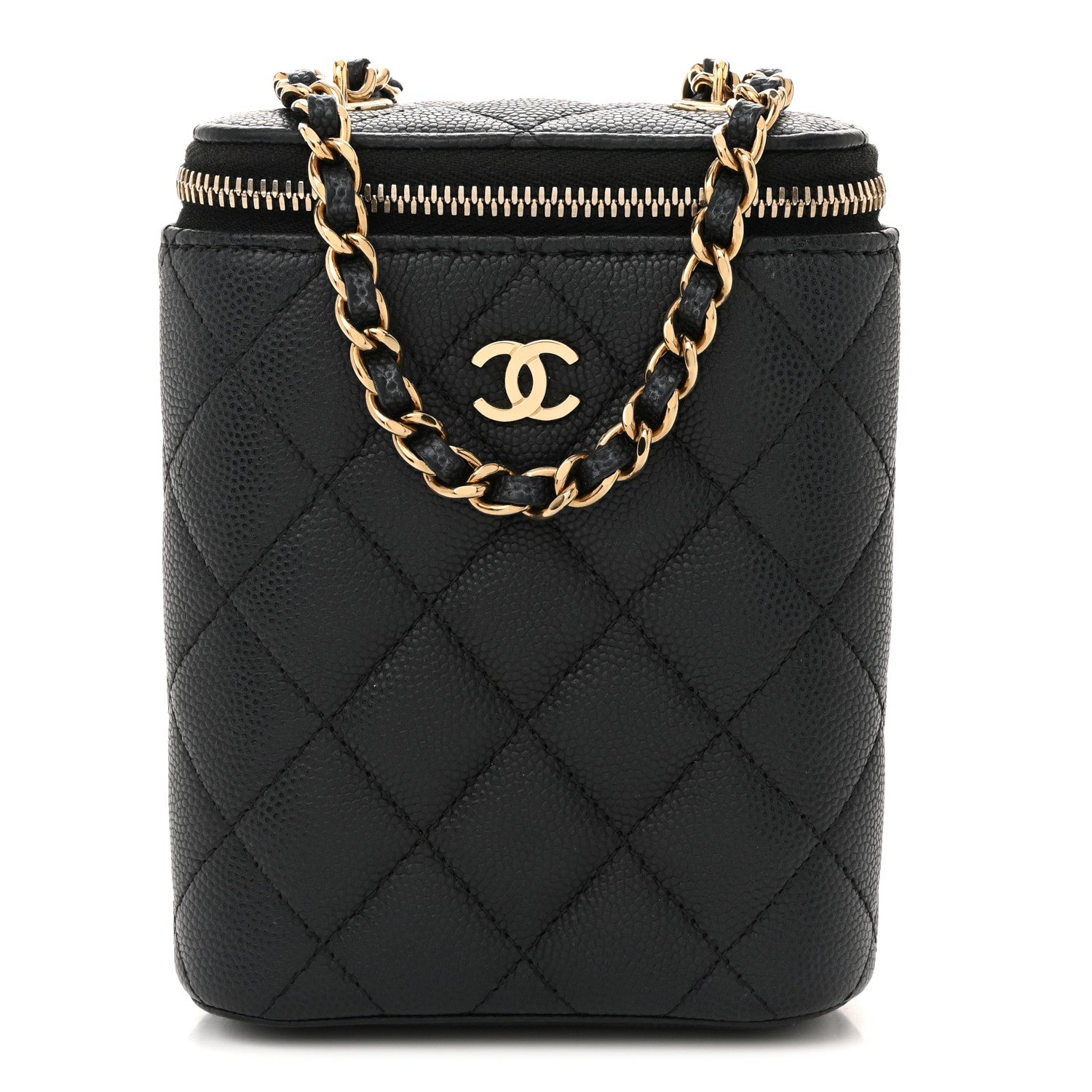 Caviar Quilted Small Vertical Coco Beauty Vanity Case With Chain Black
