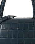 Shiny Calfskin Crocodile Embossed Small Hourglass Top Handle Bag Dark Petrol Blue