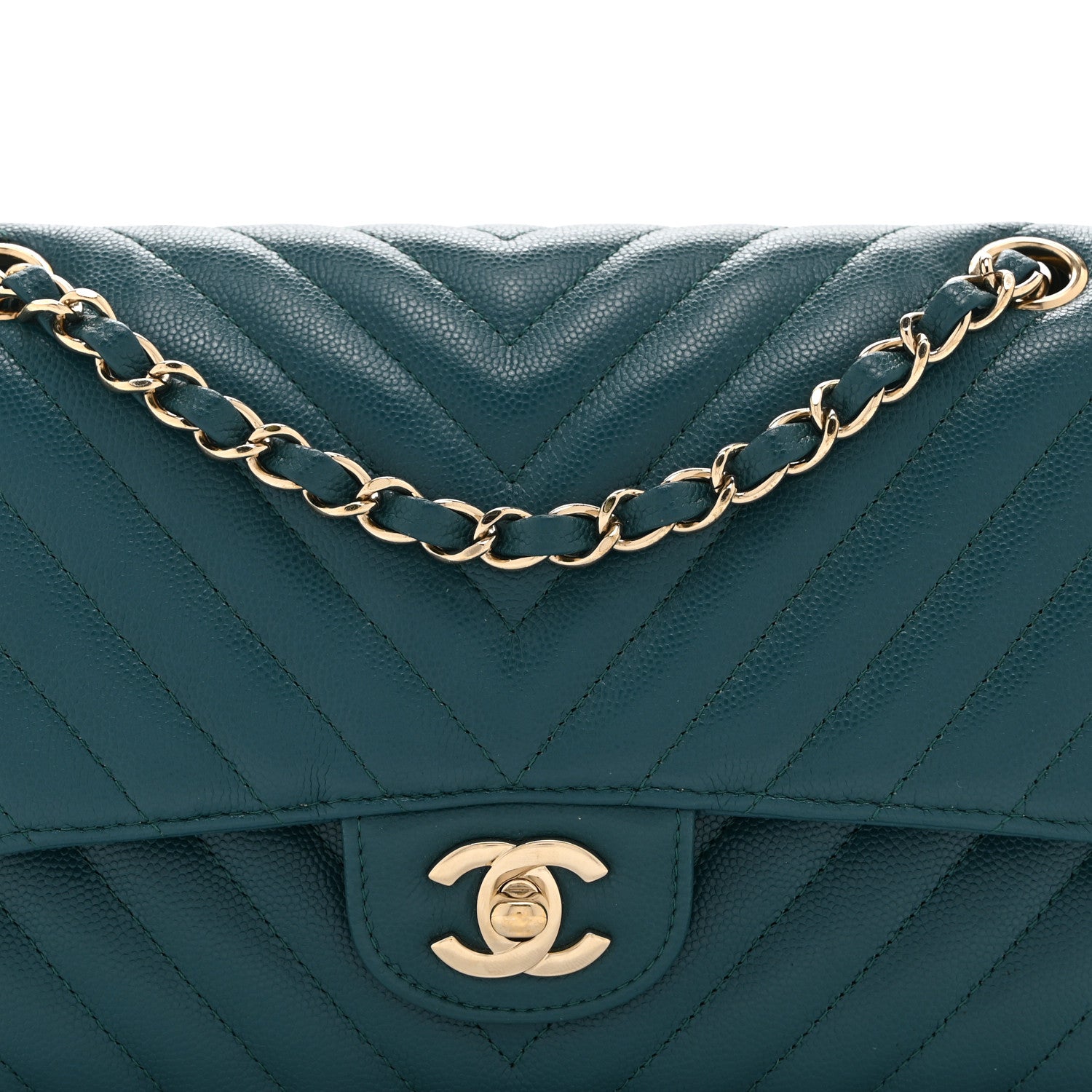 Caviar Chevron Quilted Medium Double Flap  Green