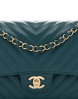Caviar Chevron Quilted Medium Double Flap  Green