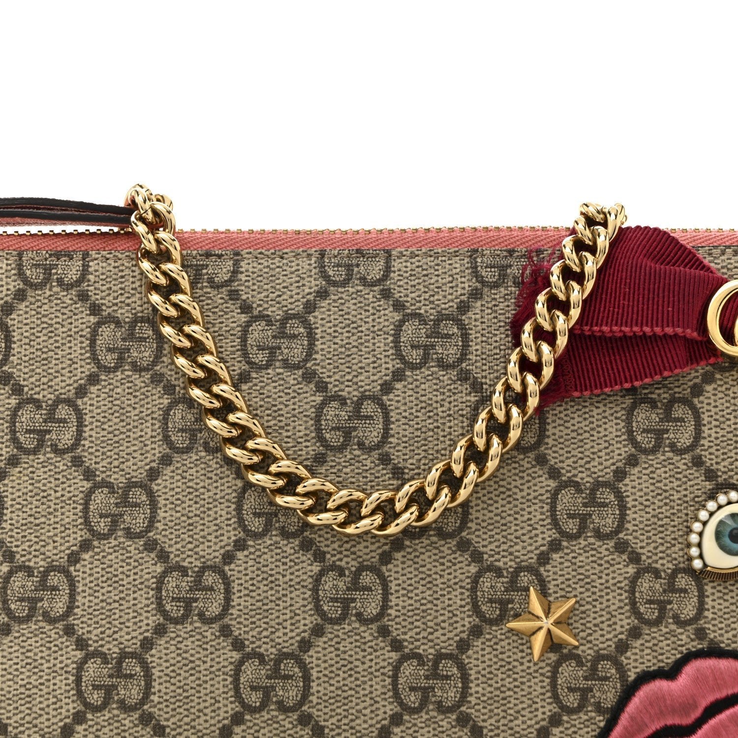 GG Supreme Monogram Face Embroidered Wrist Wallet Pink