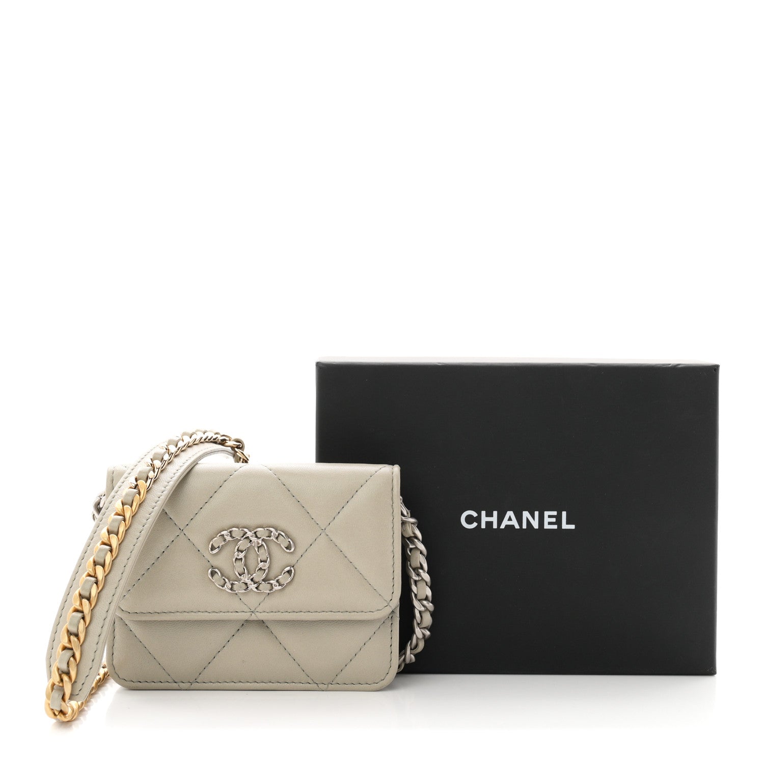 Lambskin Quilted CHNL 19 Flap Coin Purse With Chain Grey