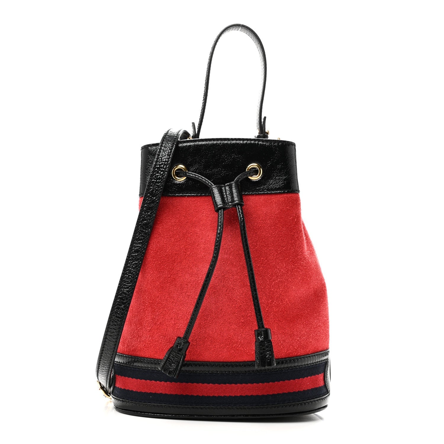 Suede Patent Web Small Ophidia Bucket Bag Hibiscus Red Black