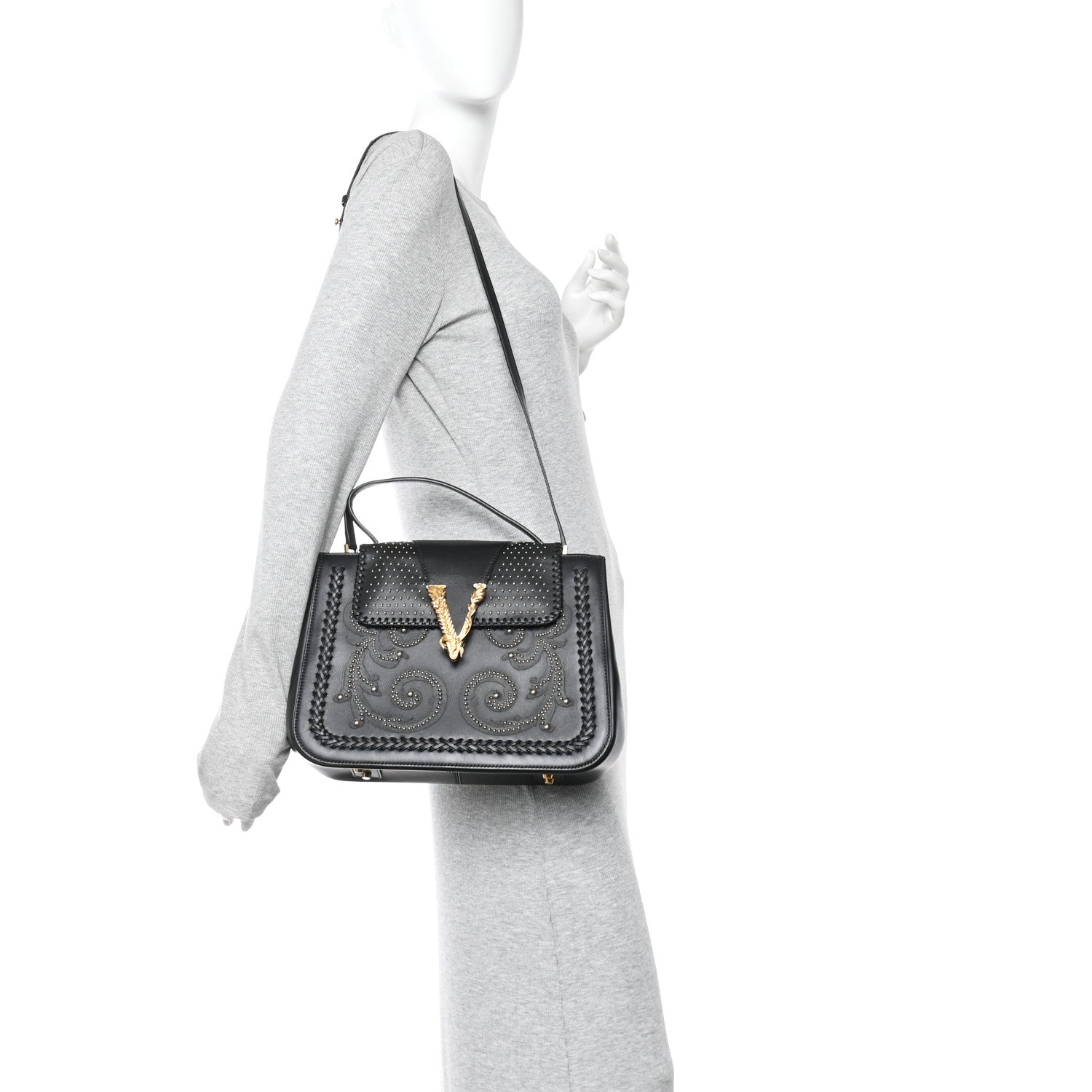 Vitello Western Studded Virtus Top Handle Shoulder Bag Black