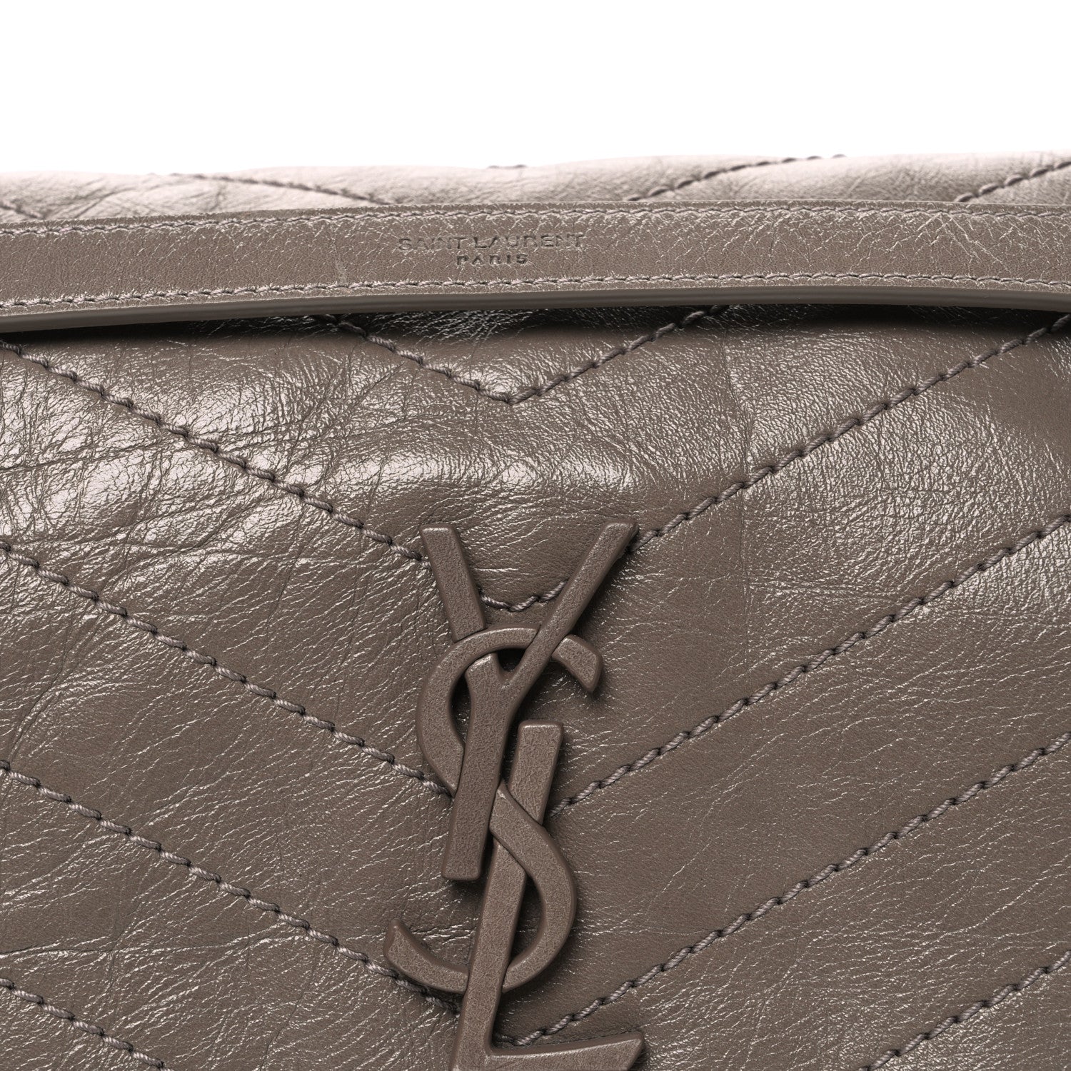 Crinkled Calfskin Matelasse Monogram Medium Niki Chain Satchel Greyish Brown