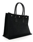 Raffia Linen Calfskin Small Rive Gauche Tote Black