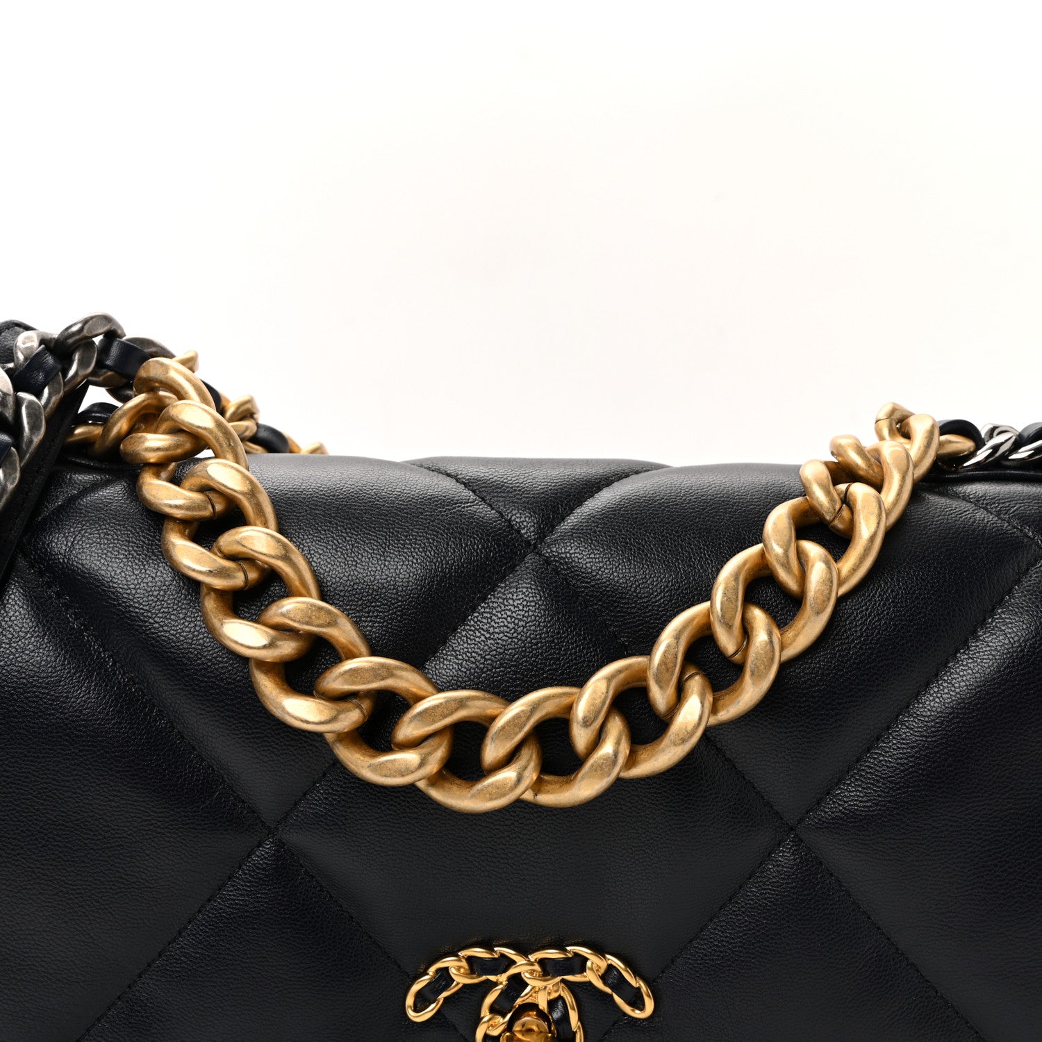 Goatskin Quilted Large CHNL 19 Flap Navy Blue