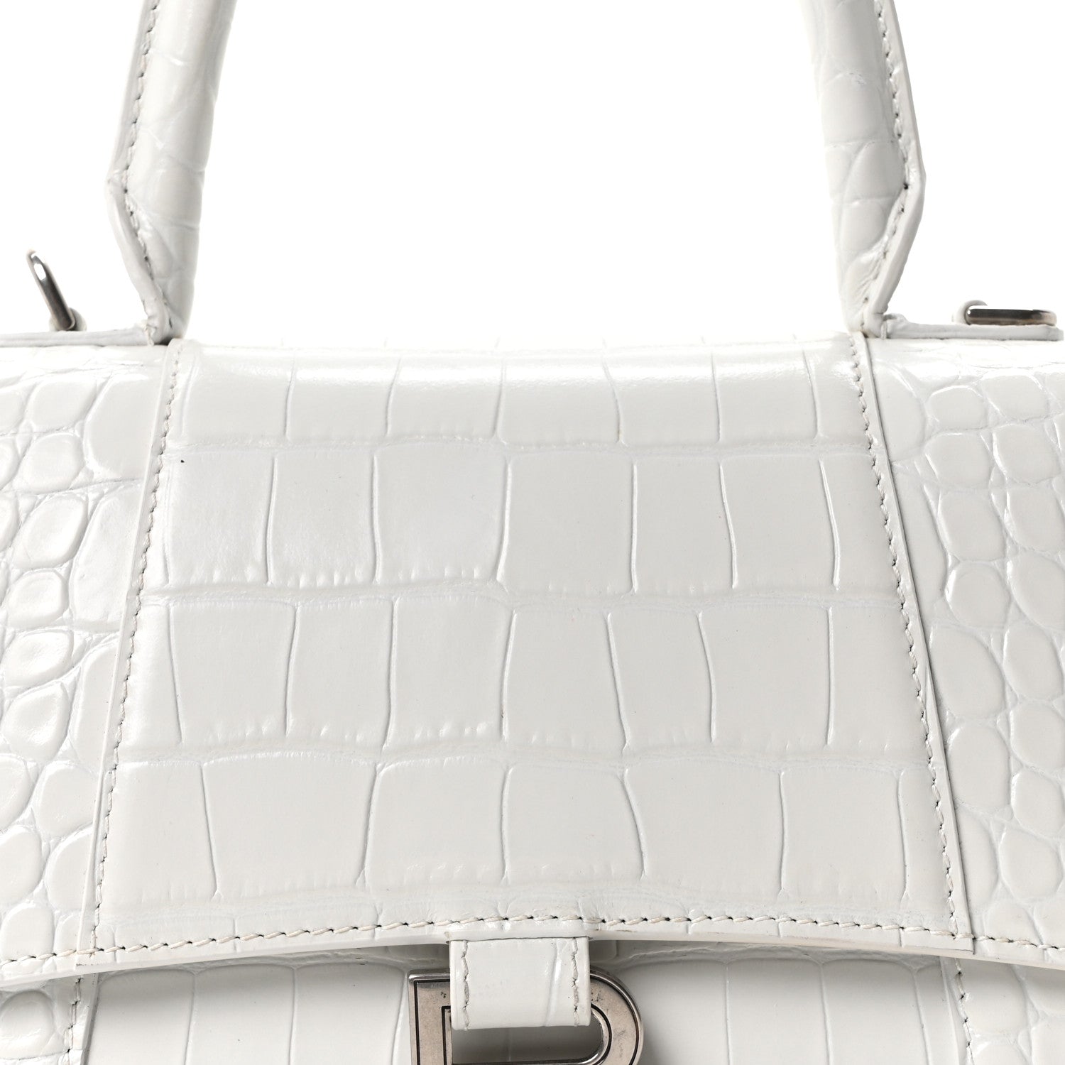 Shiny Calfskin Crocodile Embossed Small Hourglass Top Handle Bag White