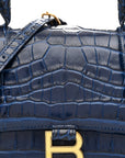 Shiny Calfskin Crocodile Embossed Small Hourglass Top Handle Bag Navy