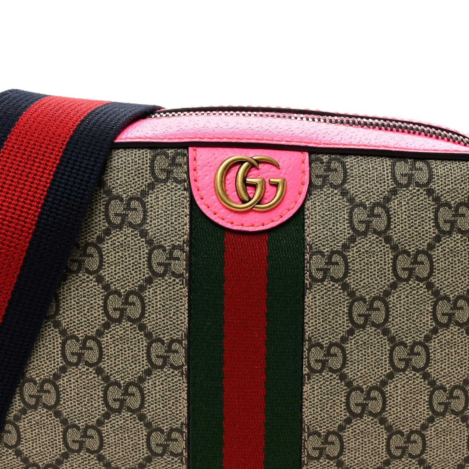 GG Supreme Monogram Textured Dollar Calfskin Web Ophidia Small Crossbody Bag Beige Ebony Fuchsia
