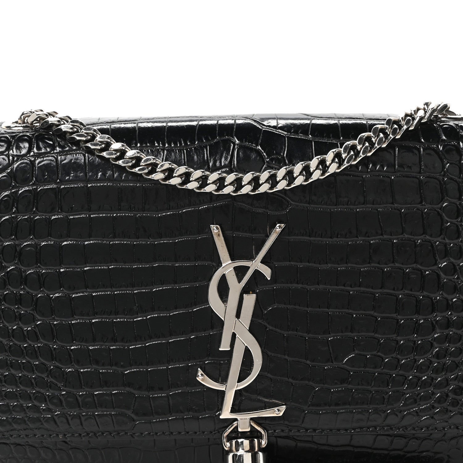 Calfskin Crocodile Embossed Small Classic Monogram Kate Tassel Satchel Black