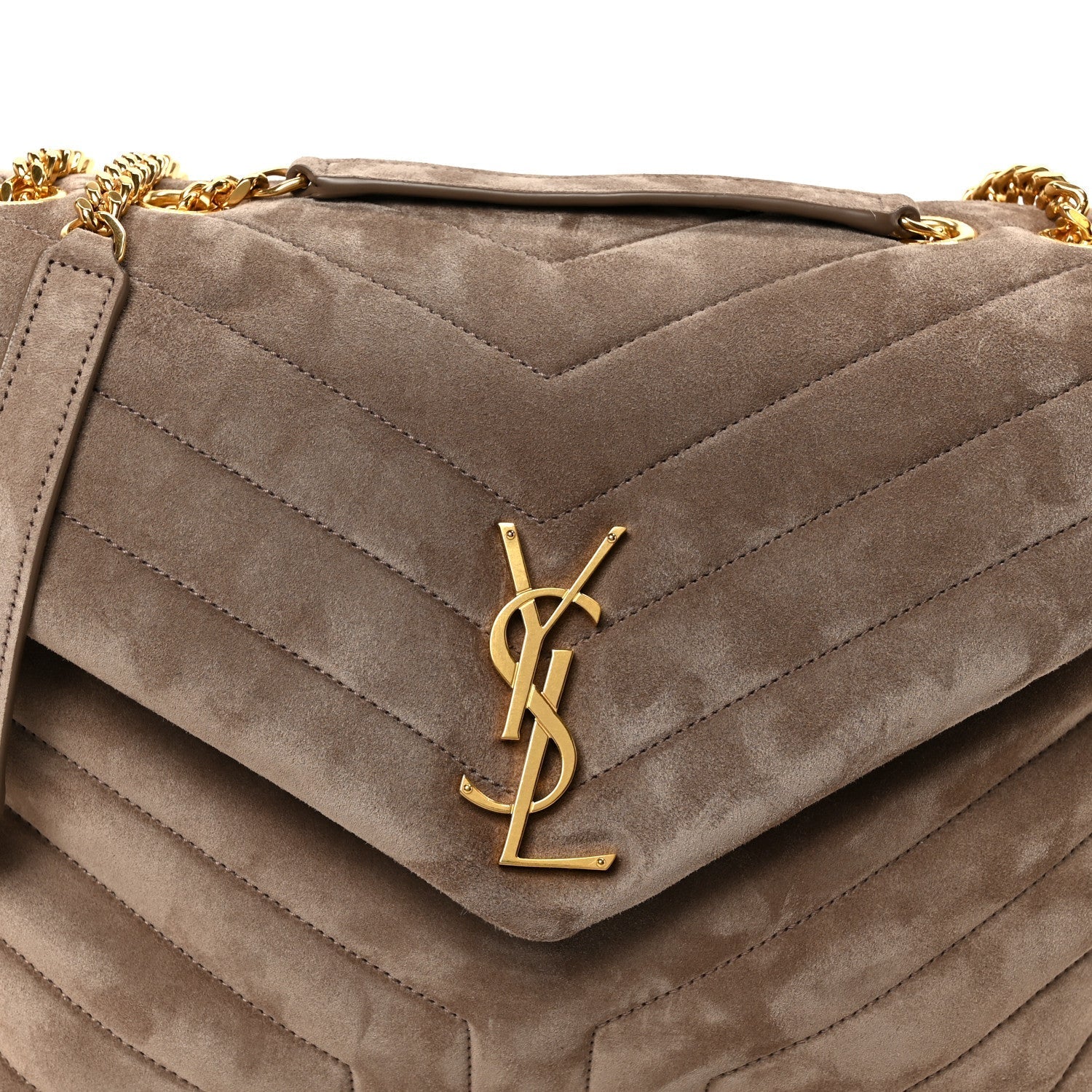 Suede Y Quilted Monogram Medium Loulou Chain Satchel Taupe