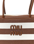 Canvas Calfskin Striped Large Beau Top Handle Bag Naturale Brandy