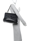 Calfskin Y Quilted Monogram Monochrome Large Loulou Chain Satchel Black