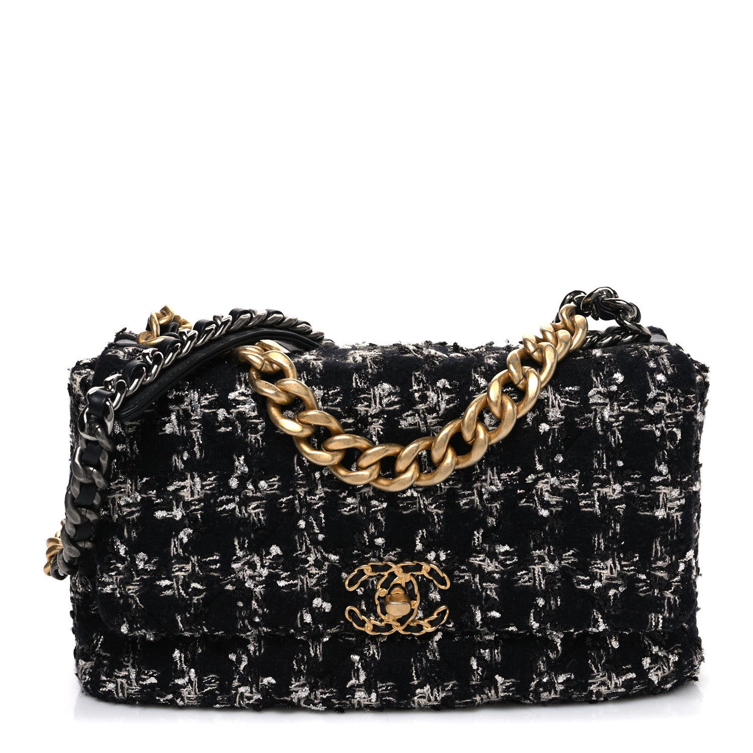 Tweed Quilted Large CHNL 19 Flap Black Silver Ecru