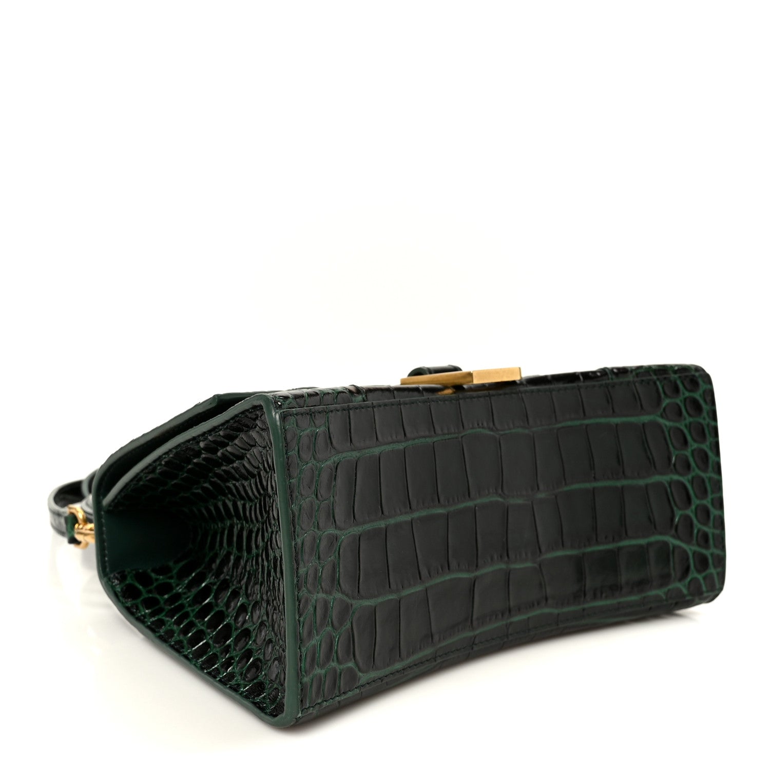 Shiny Calfskin Crocodile Embossed Small Hourglass Top Handle Bag Forest Green