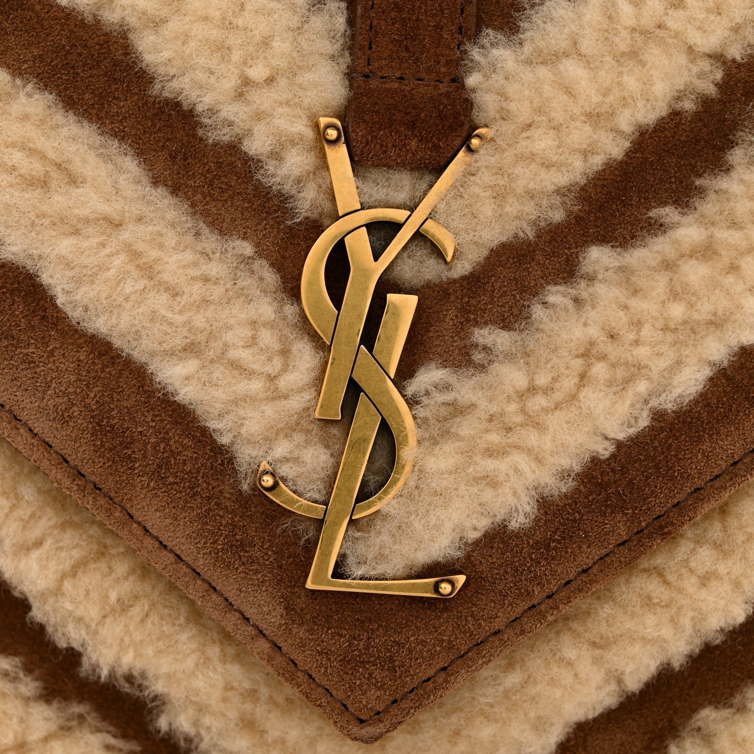 Nubuck Shearling Chevron Monogram Medium College Bag Dark Cigar Natural Beige