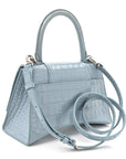 Shiny Calfskin Crocodile Embossed Small Hourglass Top Handle Bag Blue Grey
