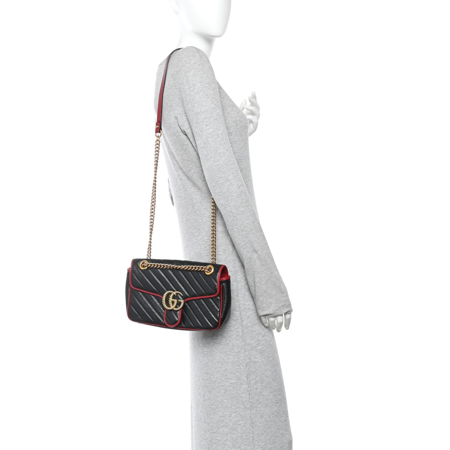 Vintage Effect Calfskin Matelasse Diagonal Small Torchon GG Marmont Shoulder Bag Black Romantic Cherry