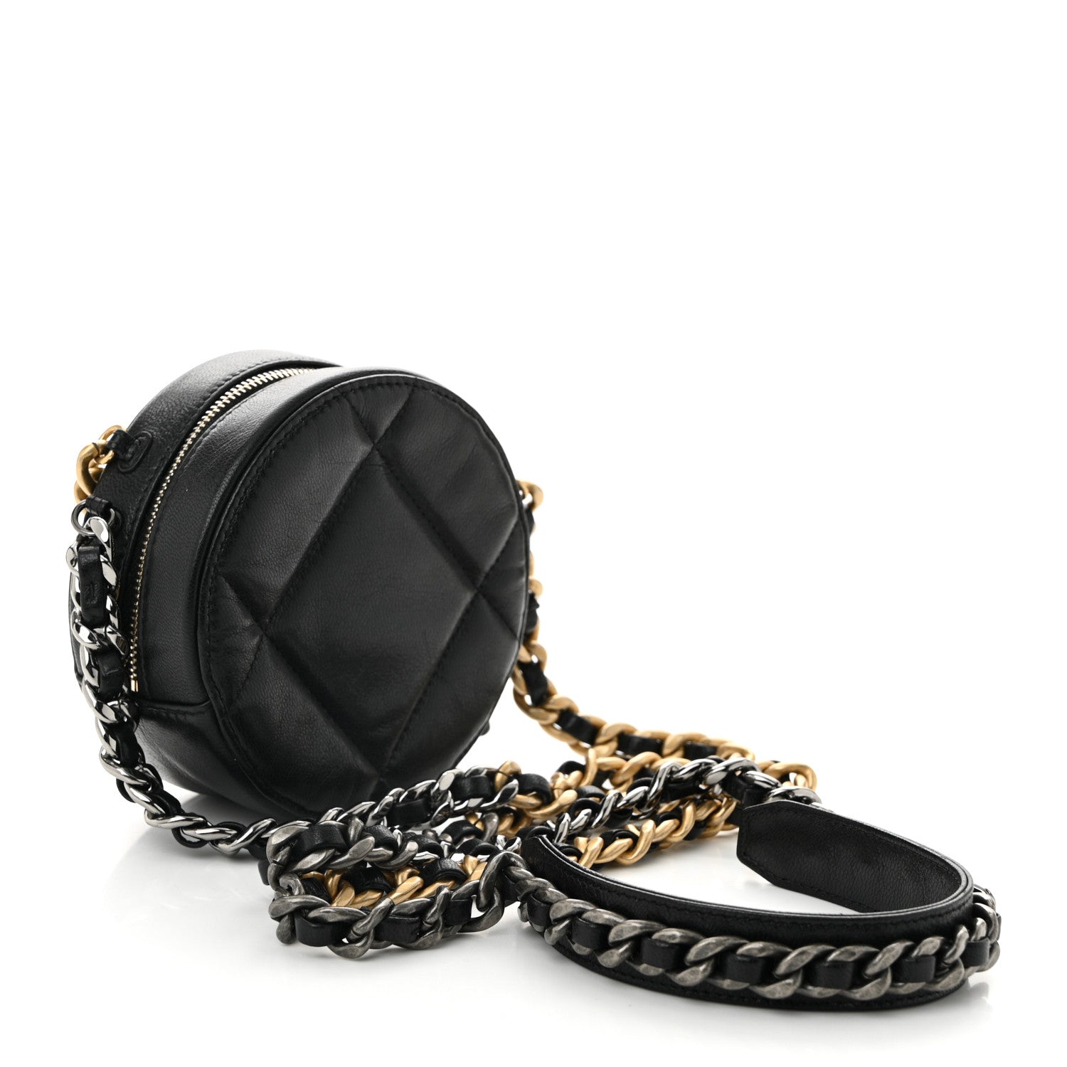 Shiny Goatskin Quilted CHNL 19 Round Clutch With Chain Black
