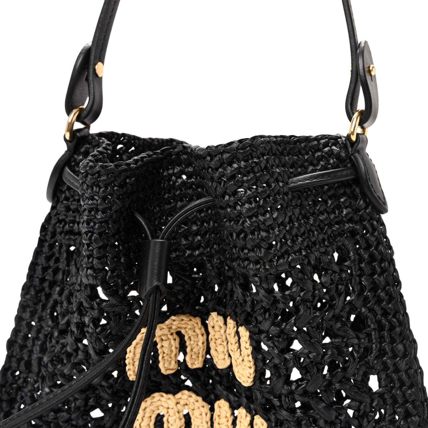 Raffia Crochet Drawstring Pouch Black Naturale