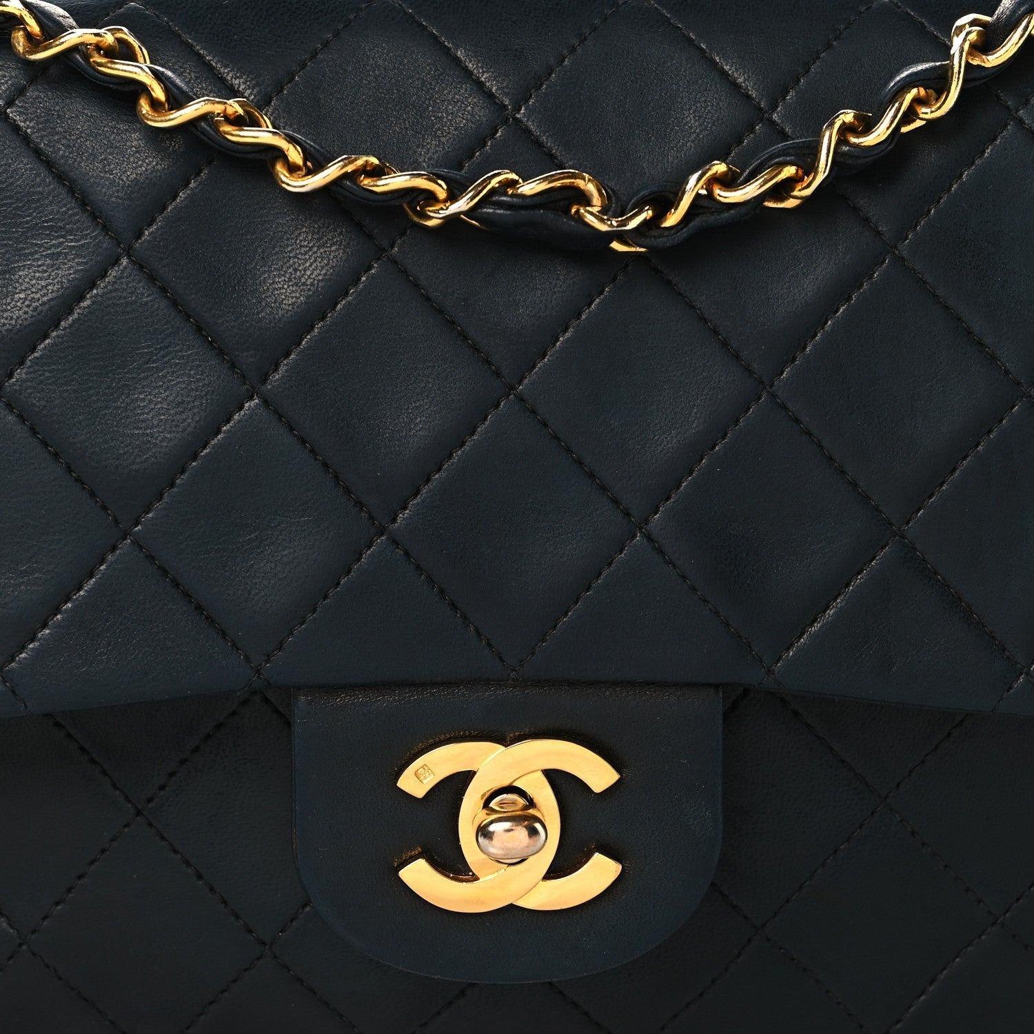 Lambskin Quilted Medium Double Flap Navy