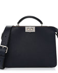 Cuoio Romano Vitello Cover Glazed Fabric Bi-Color FF 1974 Mini Peekaboo I SEE U Satchel Blue Dark Brown Tobacco Moro