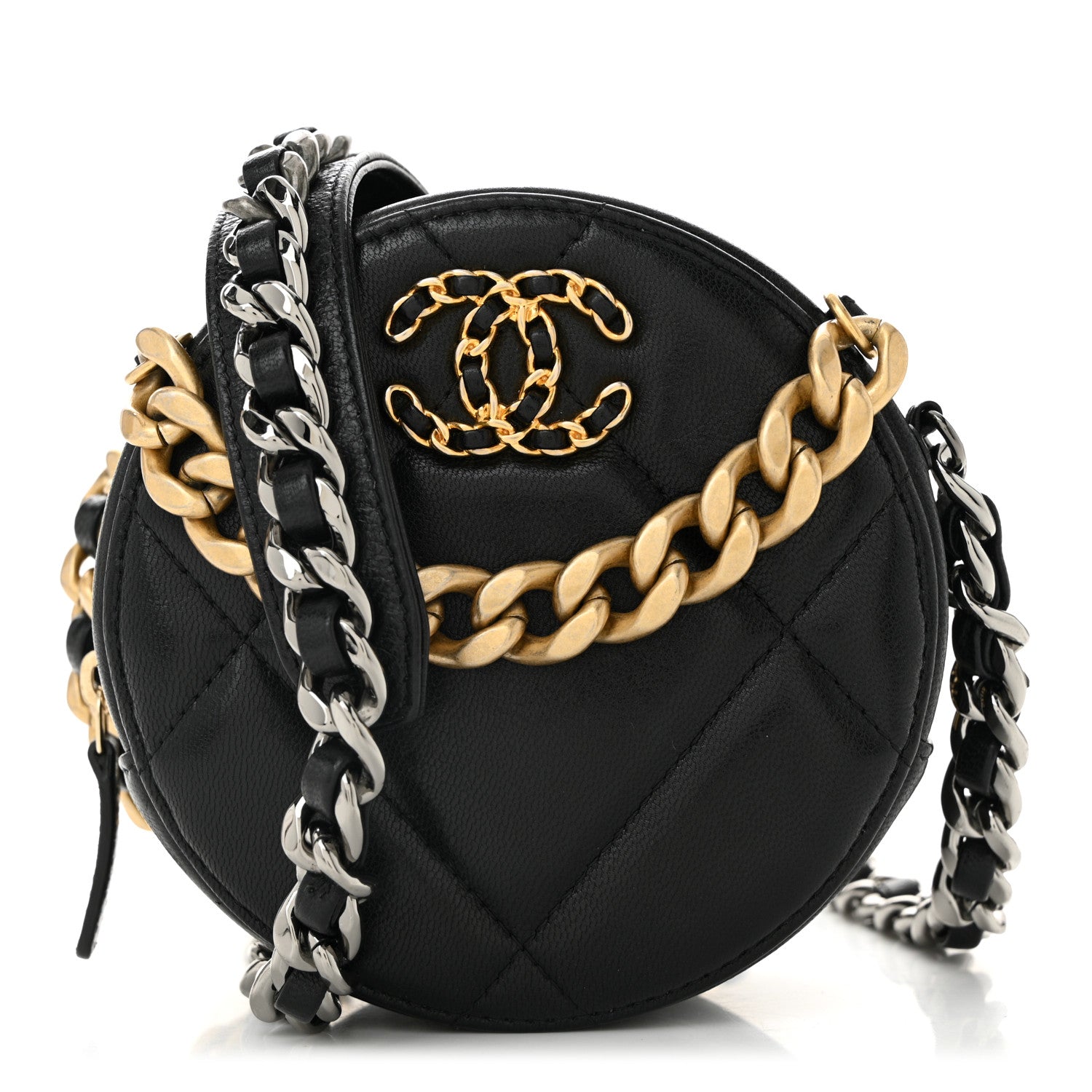 Shiny Goatskin Quilted CHNL 19 Round Clutch With Chain Black
