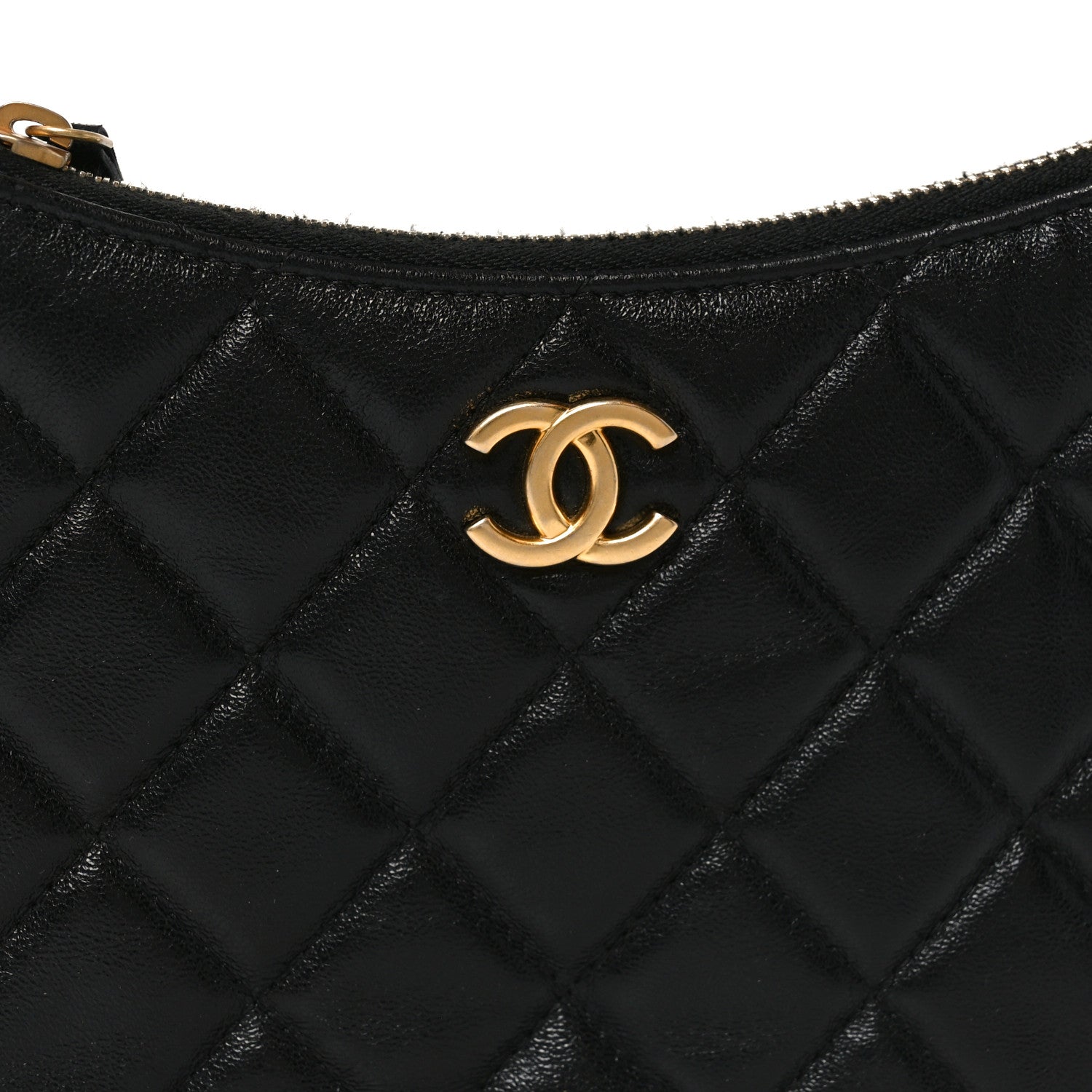Shiny Crumbled Lambskin Quilted Round Small CC Hobo Black