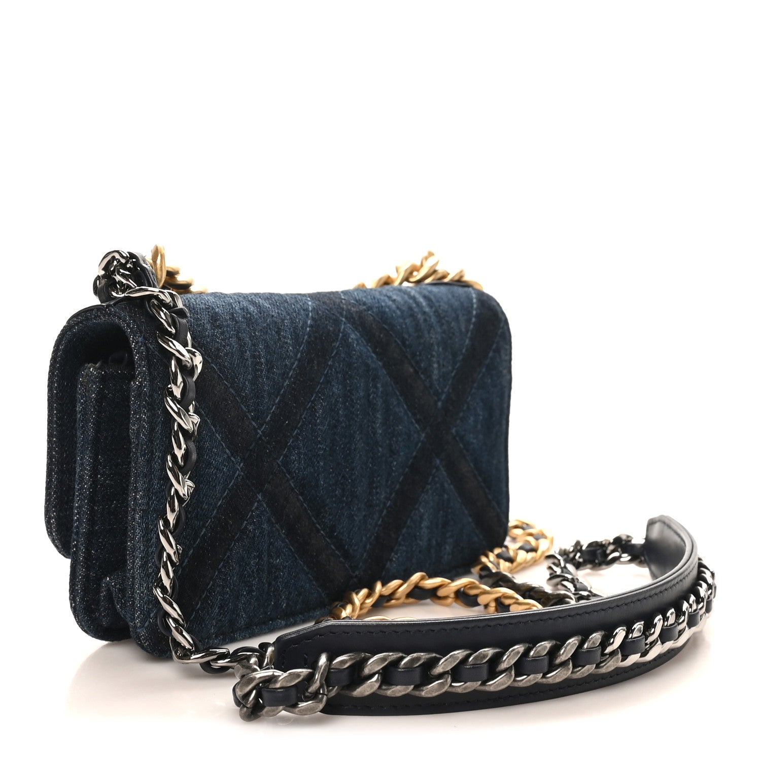 Denim Quilted CHNL 19 Flap Phone Holder With Chain Blue