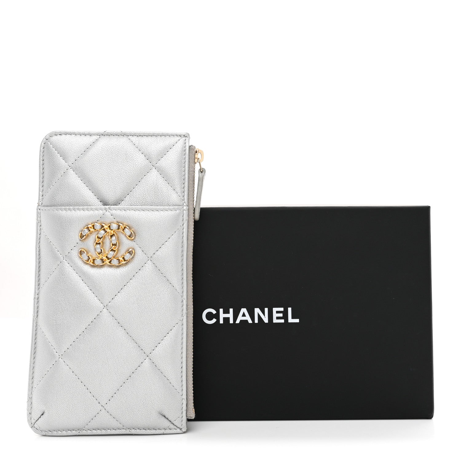 Lambskin Quilted CHNL 19 Phone and Card Holder Silver